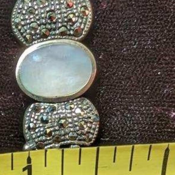 Vintage Sterling Abalone and Marcasite Link Bracelet, Mexican, Smooth, Heavy - Picture 11 of 13